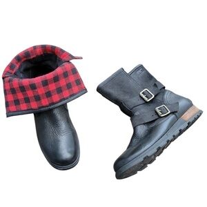 SOREL MAJOR MOTO BLACK LEATHER BUFFALO PLAID FOLD OVER BOOTS SIZE 8